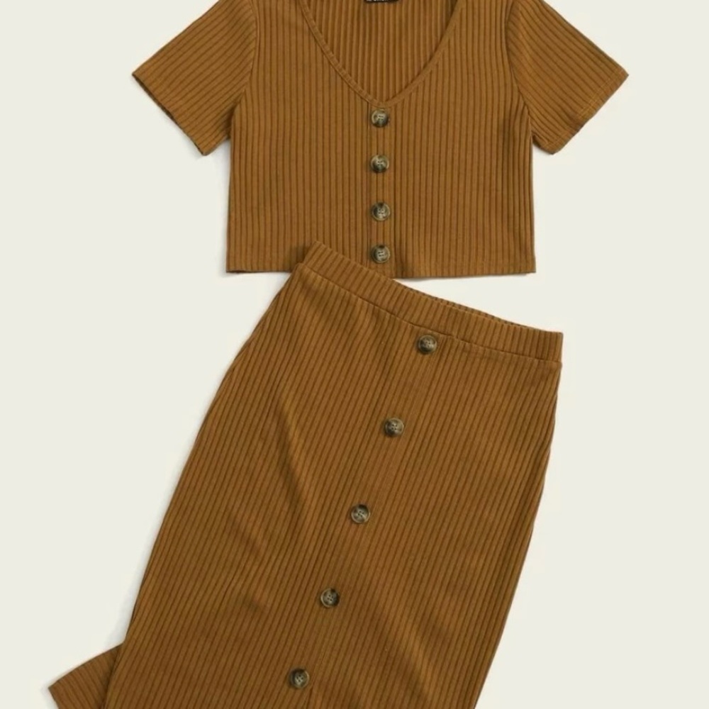Mustard Brown Two Piece Pencil Skirt Set